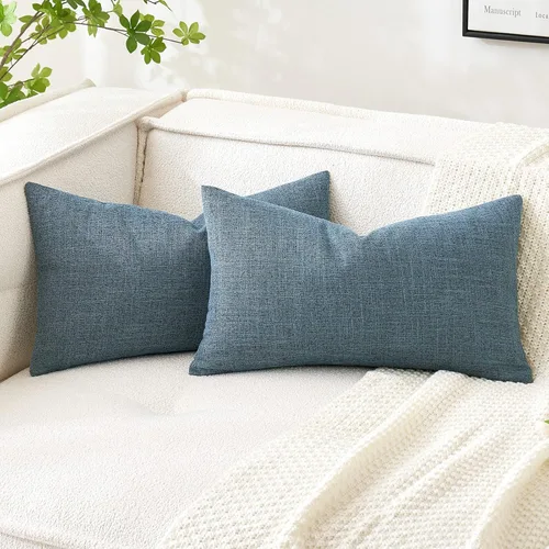 Miniatura 31 de MIULEE - Paquete de 2 fundas de almohada decorativas de lino de arpillera costera, estilo granja, para sofá, coche, sillón, dormitorio, sala de Azul