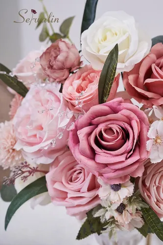 Miniatura 6 de Serwalin - Flores artificiales de color rosa primaverales, rosas de seda, flores falsas para bricolaje, ramos de novia, ramos de boda, flores para A