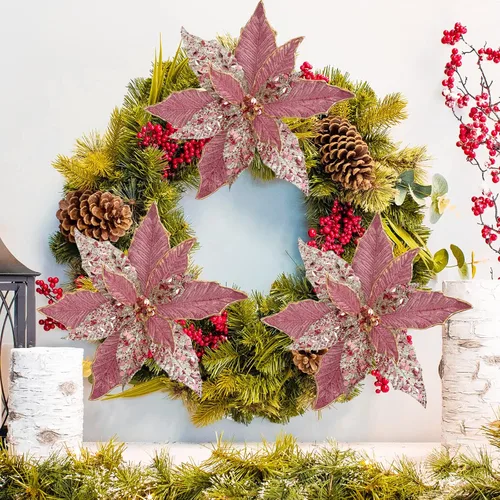 Miniatura 5 de Briful Flores de Pascua con Purpurina Navideñas de Cabezas Grandes de 12 Pulgadas Adornos para Árbol de Navidad Juego de 4 Flores Artificiales
