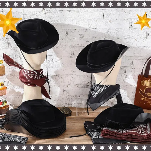Miniatura 4 de Hillban Paquete de 48 Sombreros de Vaquero y Conjunto de Bandanas, Sombreros de Vaquera para Niños y Niñas, Sombreros de Fiesta de Vaquero