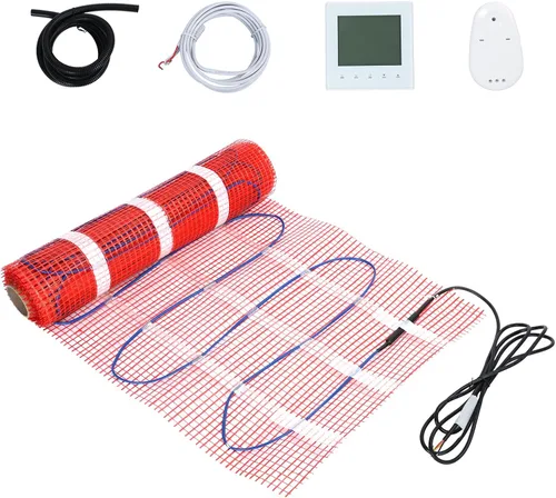 hatleues Alfombrilla de calefacción de piso, 32 pies cuadrados con termostato programable digital y parte trasera adhesiva, cuatro modos de control