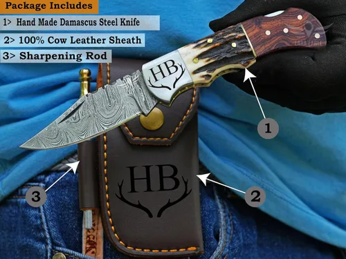 Miniatura 5 de Cuchillo de bolsillo de damasco personalizado para hombres - Cuchillo plegable de caza de acero sólido de 133 capas hecho a mano con afilador y azul