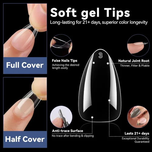 Miniatura 3 de UNA GELLA 504 puntas de uñas cortas de gel de almendra, 504 puntas de uñas cortas de almendra, 12 tamaños, uñas postizas de gel suave acrílico