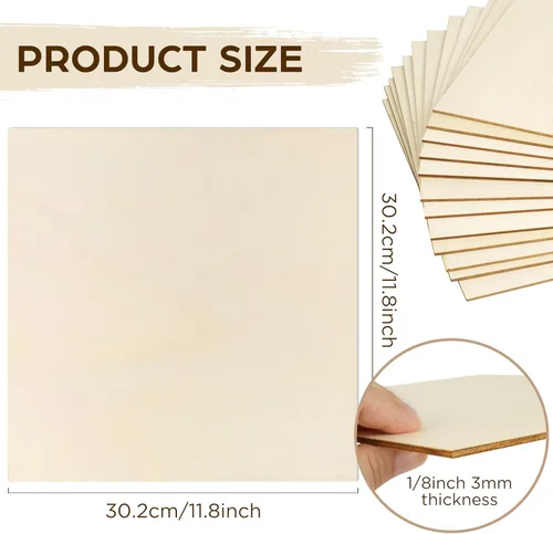 Miniatura 2 de LotFancy Hojas de tilo para manualidades, paquete de 12, 12 x 12 x 1/8 pulgadas, hojas de madera contrachapada de 3 mm de espesor, tablas de madera