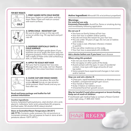 Miniatura 4 de Hair Regen Minoxidil Foam para mujeres 5% - Tratamiento de crecimiento del cabello para mujer - Minoxidil espumoso tópico para mujeres - Ideal