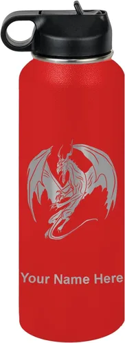 Miniatura 8 de LaserGram Botella de agua con tapa abatible de doble pared de 12 onzas con pajilla, dragón, grabado personalizado incluido (negro)