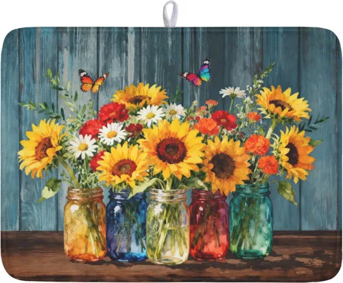 Miniatura 15 de Tapete de Secado de Platos de Sandía de Verano de Microfibra, Tapetes Escurridores de Platos de Cuadros de Búfalo de Limón Amarillo 16x18 Pulgadas