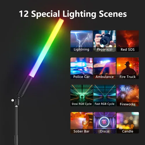 Miniatura 5 de Varita de luz LED RGB de 360° RGB para fotografía de estudio, luces de tubo alimentadas por batería, 12 efectos de iluminación, luz de cámara