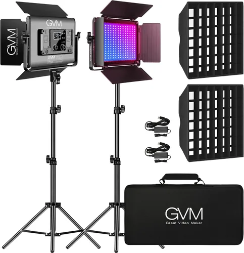 GVM - Luz de video LED RGB con caja de luz, kit de iluminación de estudio de fotografía de 60 W con soportes, 2 paquetes de luz LED 880RS regulable