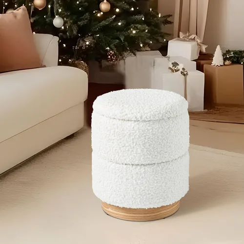 Miniatura 9 de Get Set Style Otomana redonda con almacenamiento, taburete otomano moderno Boucle tapizado con base de madera, silla de tocador, reposapiés, asiento