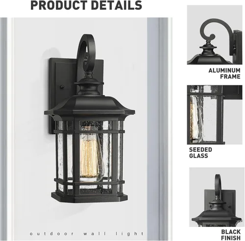Miniatura 4 de Emliviar Luces de Farol de Pared para Exteriores, Lámpara de Aplique de Pared Exterior de 1 Luz, Acabado Negro con Vidrio Granulado Transparente