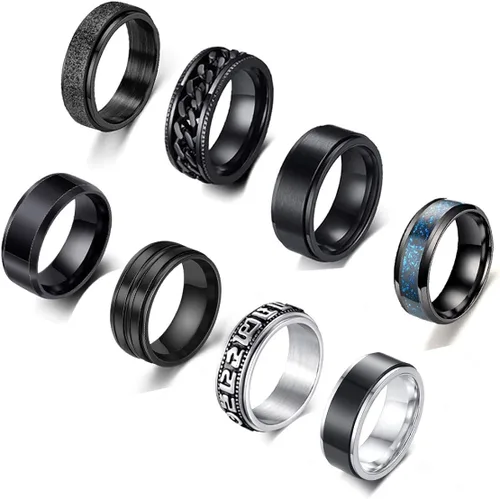 WAINIS Juego de 8 anillos giratorios negros de acero inoxidable para hombres y mujeres anillos de ansiedad de liberación fresca Metal Zirconia cúbica