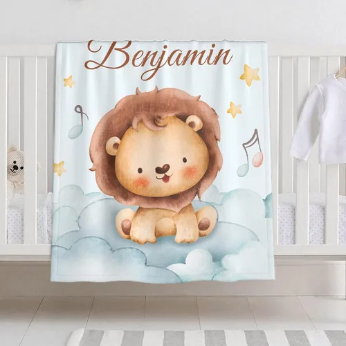 Manta de bebé personalizada con nombre – Manta de león para niños pequeños, bebés, niños, ducha, recién nacidos – Cochecito de bebé, decoración de