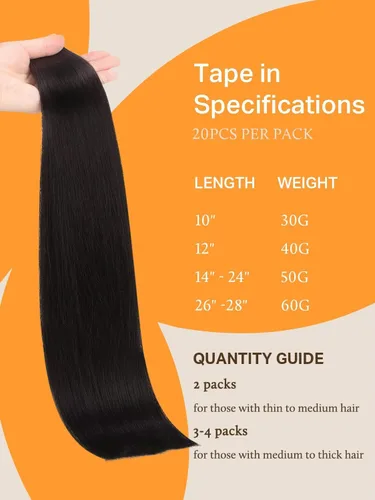 Miniatura 4 de DOORES Extensiones de cabello humano con cinta, color negro azabache, 26 pulgadas, 20 unidades, 20 unidades, 20 unidades, extensiones de cabello