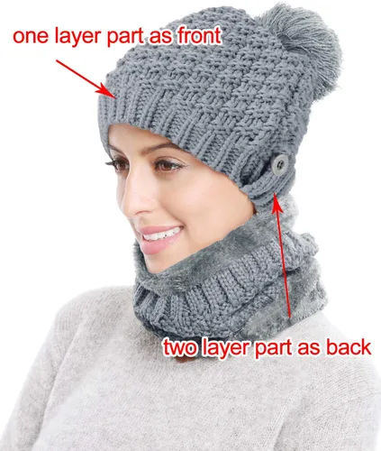 Miniatura 2 de Gorro de invierno para mujer, conjunto de bufanda y máscara para mujer, grueso y cálido, forro polar, con forro polar, 3 piezas