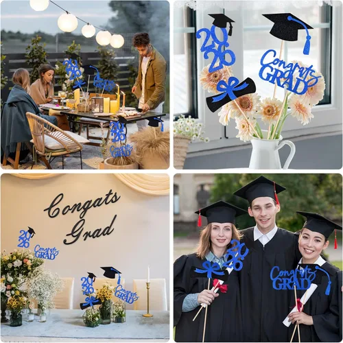 Miniatura 7 de Juego de 20 decoraciones de fiesta de graduación 2026, centro de mesa de graduación de doble cara con purpurina para mesas, mesas, accesorios