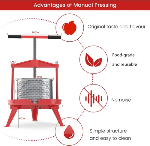 Miniatura 4 de Prensa de vino de frutas de 2.38 galones – Mango en T de servicio pesado y viga transversal, fabricador de jugo de acero inoxidable para manzana