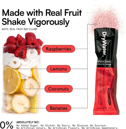 Miniatura 5 de DryWater® Paquetes de polvo de hidratación de electrolitos + vitaminas, limón de frambuesa (sin estevia), 1,000 mg de potasio, fruta orgánica real