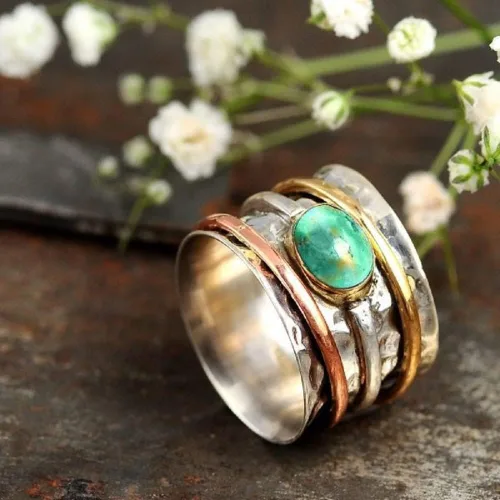 Miniatura 2 de Anillo giratorio turquesa de banda ancha para mujeres y niñas, anillo de múltiples capas antiestrés y bohemio, anillo envolvente de línea plateada