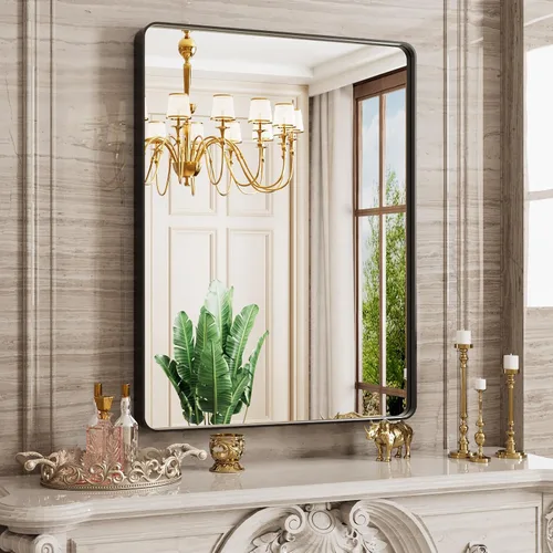 Miniatura 76 de JISOSO - Espejo de baño de 24x36 pulgadas con marco de metal cepillado color níquel, espejo con marco de metal cepillado plateado para pared, espejo