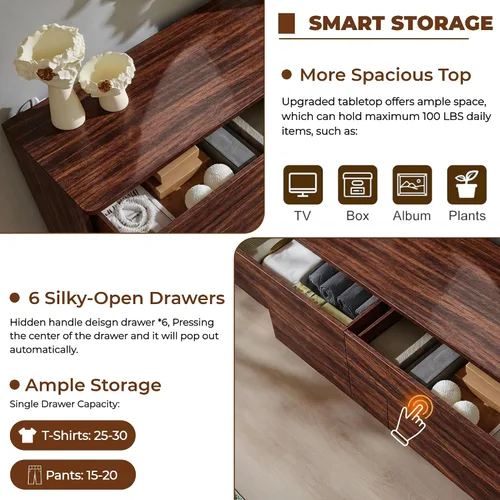 Miniatura 6 de ACCOHOHO Cómoda moderna de 6 cajones para dormitorio, cómoda de madera de 52 pulgadas de ancho con gran almacenamiento, cómoda sin asas, soporte