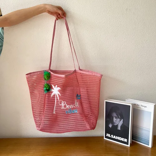 Miniatura 10 de ukia Bolsa de playa de malla, bolsas de playa de gran capacidad para mujer, bolsa de playa plegable con bolsillo con cremallera