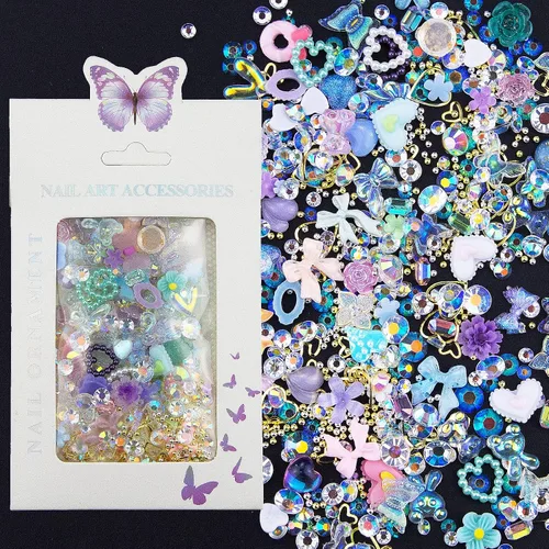 Dijes de uñas de colores surtidos en 3D – Acrílico Multi Formas Corazón Flor Bowknot Perlas Huecas Diamantes de Imitación Encantos Bonitos Encantos