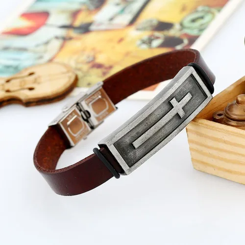 Miniatura 2 de More Fun - Pulsera ancha de cuero marrón estilo vintage con cierre de metal