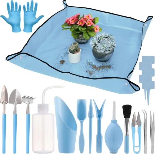 Juego de 20 herramientas de jardinería pequeñas, regalos para mujeres principiantes, juego de herramientas de mano de jardín para trasplante de Azul