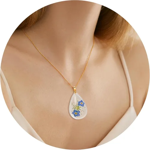 Miniatura 96 de Collar de flores silvestres prensadas con encaje de Forget-Me-Not y Queen Anne Collar de flores prensadas de oro Collares hechos a mano