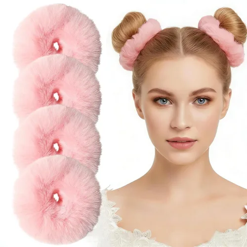 CYHYII - Juego de 4 lazos para el pelo esponjosos de color rosa con pompones para niñas, suaves y mullidos, para coleta de caballo, accesorios para