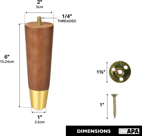 Miniatura 3 de Ilyapa Patas de madera para muebles, base plateada, juego de 4 patas de repuesto cónicas marrones de 6 pulgadas para sofás, sillas, sofás biplaza
