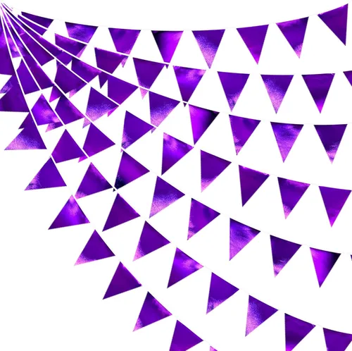 Miniatura 13 de Decoración de fiesta iridiscente de 33 pies, tela holográfica, banderín triangular, banderín de algodón, guirnalda de banderines para cumpleaños