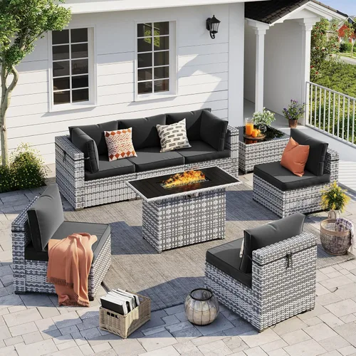 Miniatura 18 de UDPATIO Juego de muebles de patio al aire libre, sofá modular de 7 piezas con mesa de té, juego de conversación al aire libre de mimbre PE para Azul