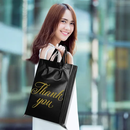 Miniatura 7 de Outus 120 bolsas negras de regalo de agradecimiento con asas de 9 x 12 pulgadas, bolsa de plástico para pequeñas empresas, madres, profesores, Negro