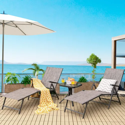 Miniatura 2 de COSTWAY 2 piezas de tumbona plegable, tela ligera y transpirable, silla reclinable de bronceado al aire libre para terraza, playa (gris)