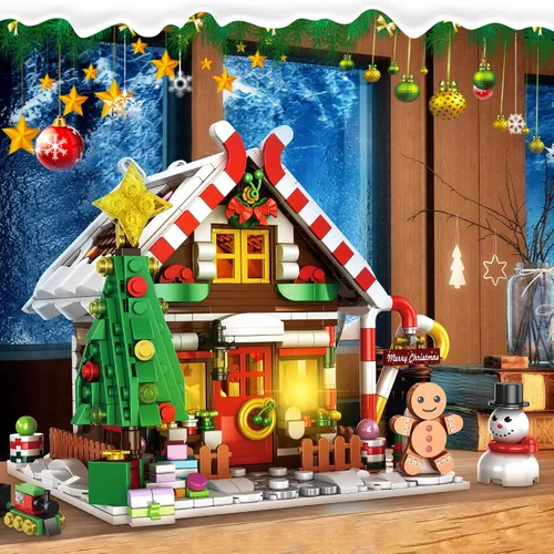 Miniatura 6 de Edificio de casa de pan de jengibre de Navidad, juego de construcción de casa de pueblo navideño, contiene árbol de Navidad y tren, juguete