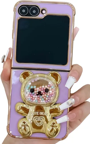 Miniatura 18 de Bonita funda compatible con Samsung Galaxy Z Flip 5/Z Flip 6 de 6.7 pulgadas, cuentas de lujo de color dorado 3D de arena movediza con soporte