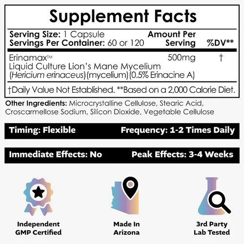 Miniatura 2 de Nootropics Depot Erinamax - Cápsulas de melena de león de 500 mg Micelio de cultivo líquido 2.5 mg de erinacina A Apoyo para el estado