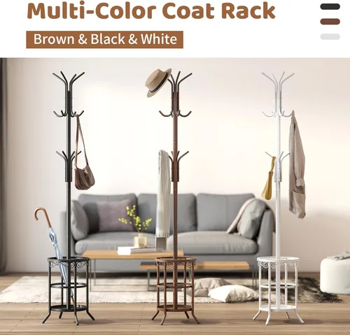 Miniatura 5 de Perchero independiente con soporte para paraguas, perchero con 12 ganchos, abrigo de metal, abrigo de árbol y sombrero, chaqueta de entrada (negro)