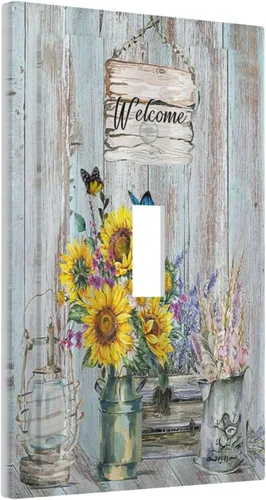 Miniatura 20 de Placa Cubierta de Interruptor de Luz de Palanca Individual con Diseño de Flor Botánica en Tablero de Madera Rústico Estilo Granja - Placa de Pared