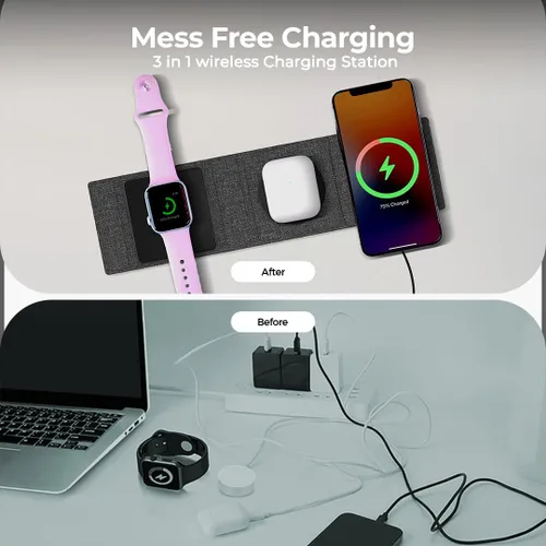 Miniatura 7 de ZTAR Cargador de viaje inalámbrico 3 en 1 para iPhone 16/15/14/13/12, Samsung Galaxy con capacidades inalámbricas, auriculares y Apple Watch