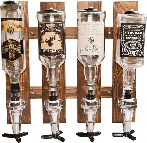 Miniatura 7 de Dispensador de licor montado en la pared de 2 botellas, estante de pared de madera para bar en casa, dispensador de bebidas de vidrio para fiestas