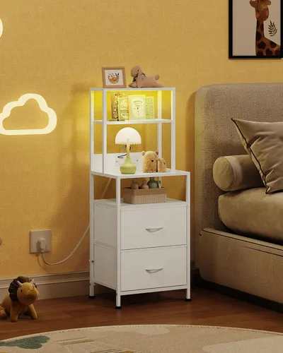 Miniatura 7 de WLIVE Mesita de noche con estación de carga, mesita de noche LED con 2 cajones de tela y 4 estantes abiertos de almacenamiento, mesa auxiliar