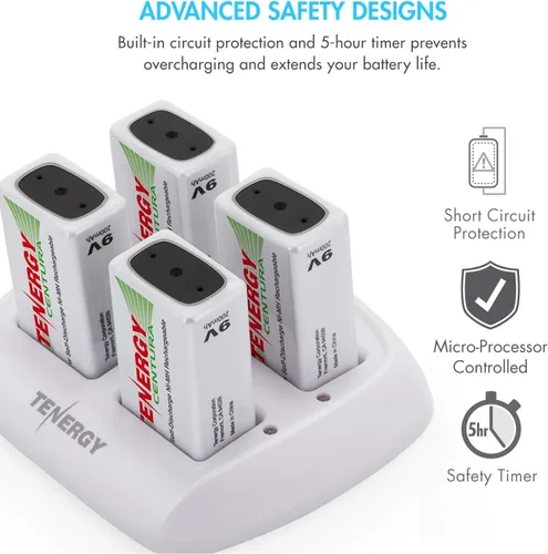 Miniatura 7 de Tenergy TN136 Cargador inteligente de 4 bahías 9V con 4 piezas 9V Tenergy Centura (baja autodescarga) NiMH 200mah baterías recargables