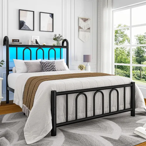 Miniatura 13 de Homkdom Base de cama tamaño King con cabecera de almacenamiento, marco de cama de metal clásico con luces LED y almacenamiento debajo de la cama