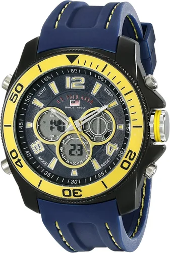 U.S. Polo Assn. Sport US9322 - Reloj deportivo para hombre con correa de silicona azul marino, Amarillo Negro, Cronógrafo, movimiento de cuarzo
