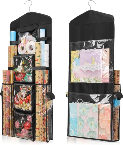 EXLIFBAG Organizador de almacenamiento de papel de regalo, organizador de envoltorios de regalo con soporte de doble cara para colgar