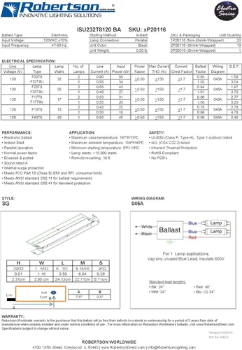 Miniatura 4 de ROBERTSON 3P20116 Balasto eléctrico, encendido instantáneo, NPF, 1 o 2 lámparas F32T8, 120 V, corriente alterna, 60 Hz, Modelo ISU232T8120 BA