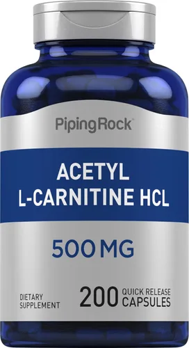 Piping Rock Acetil L-carnitina HCL | 500 mg | 200 cápsulas en polvo | Suplemento sin OMG, sin gluten